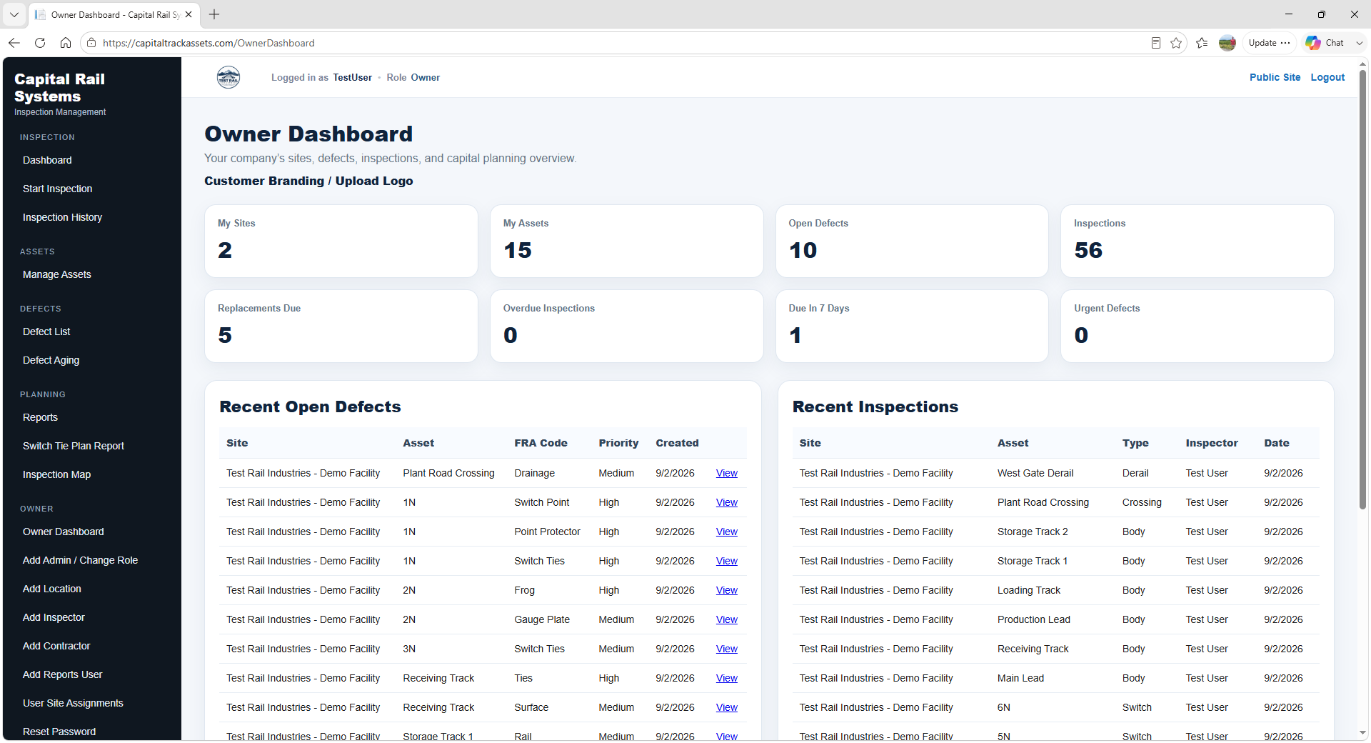 Capital Rail Systems owner dashboard demo